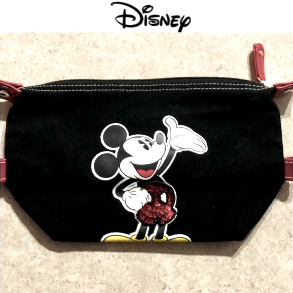 🛍️DISNEY MICKEY MOUSE blk Toiletry/Cosmetic Bag w/red sequin size9x6 EX COND - Picture 1 of 5